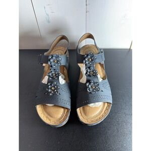 SHIBEVER Womens Blue Floral Rhinestone T Strap Sandals EU 41 US 10